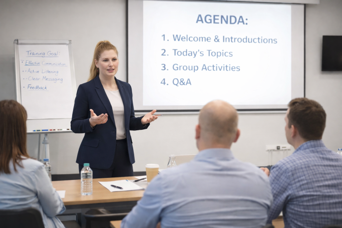 Businesswoman presenting an agenda at a meeting, with attendees seated at a table.